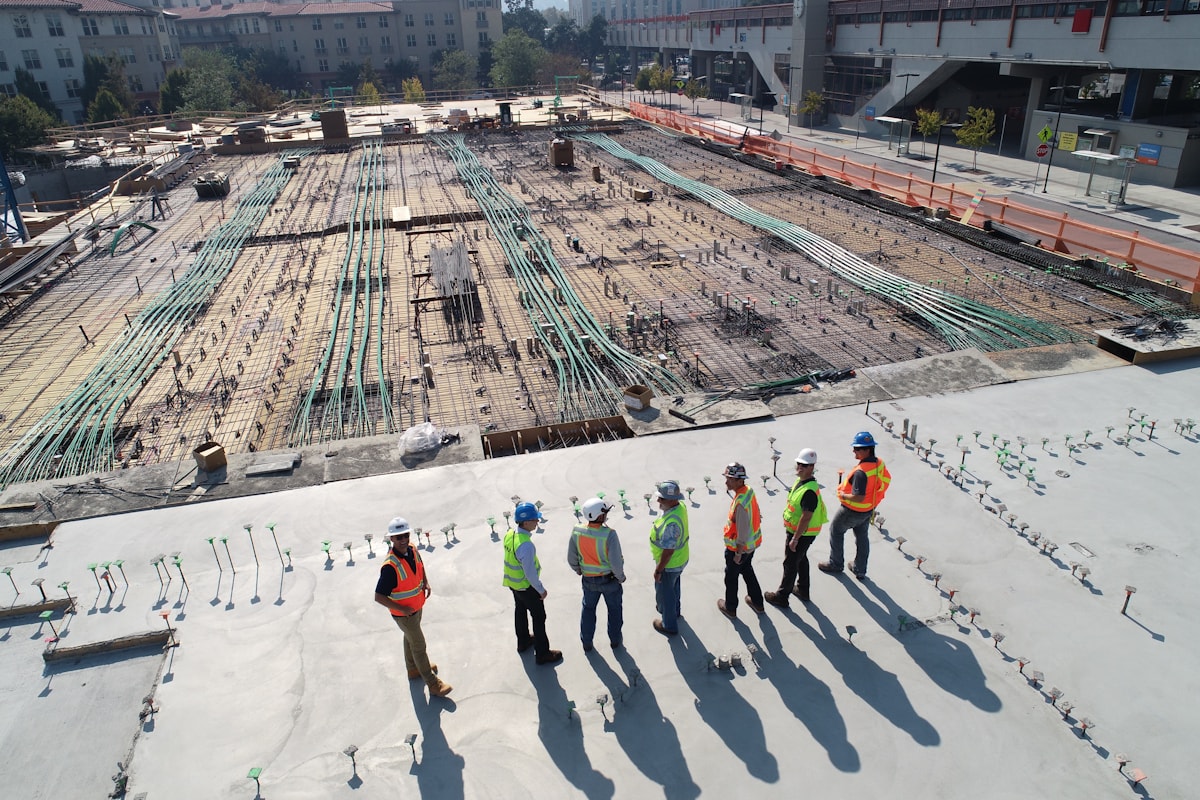 Construction team coordinating a major infrastructure project
